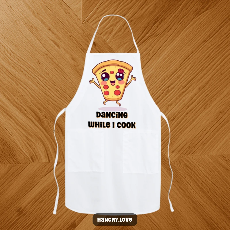 Funny pizza slice apron, with wide eyes and short legs, dancing while cooking, a humorous and practical kitchen accessory.