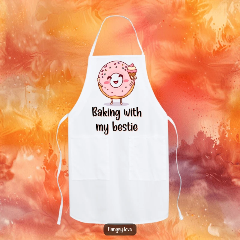 Funny donut apron high-fiving an ice cream cone, sprinkles and arms, a humorous and practical accessory for bakers.