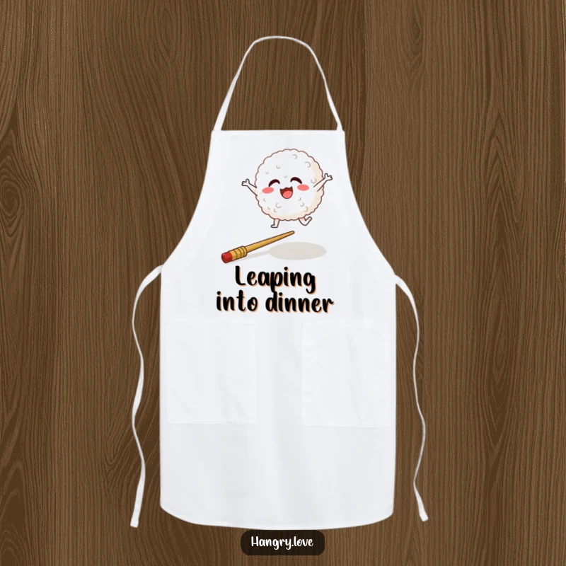 Funny apron with a happy rice ball character leaping over a chopstick, ideal for kitchen activities.