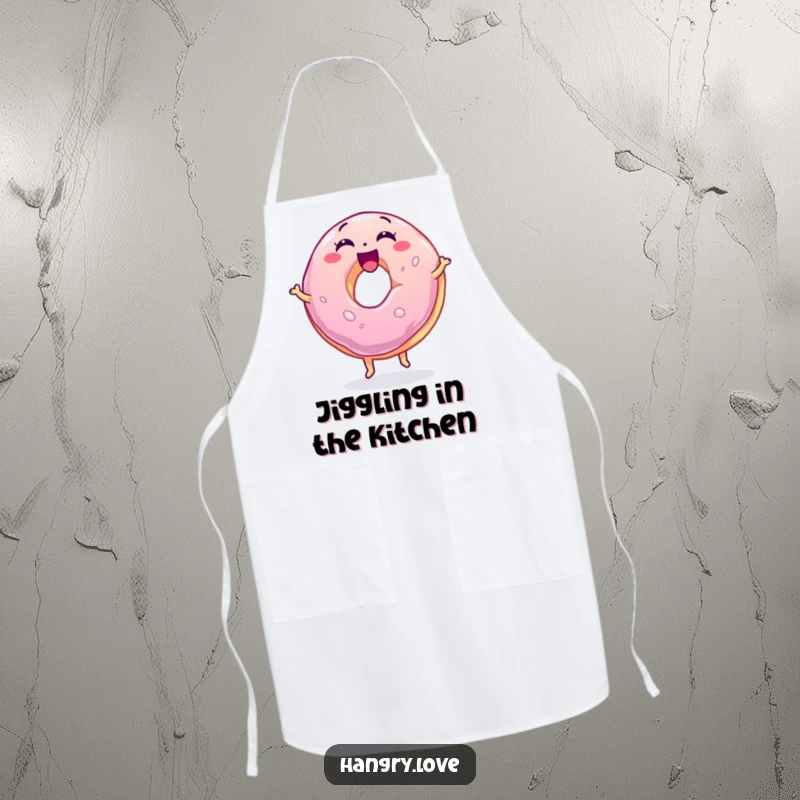 Funny jelly donut apron, wobbly and excited, bouncing on its base, a humorous and practical accessory for bakers.