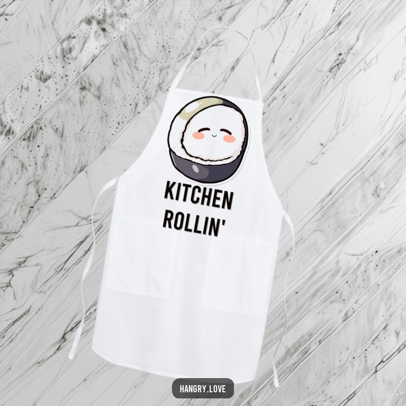 Funny apron with a round sushi character peacefully rolling downhill with closed eyes, kitchen essential.