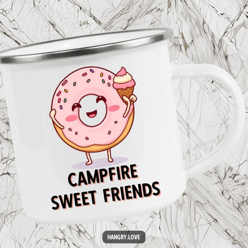 Funny donut camping mug high-fiving an ice cream cone, sprinkles and arms, perfect for enjoying beverages outdoors.