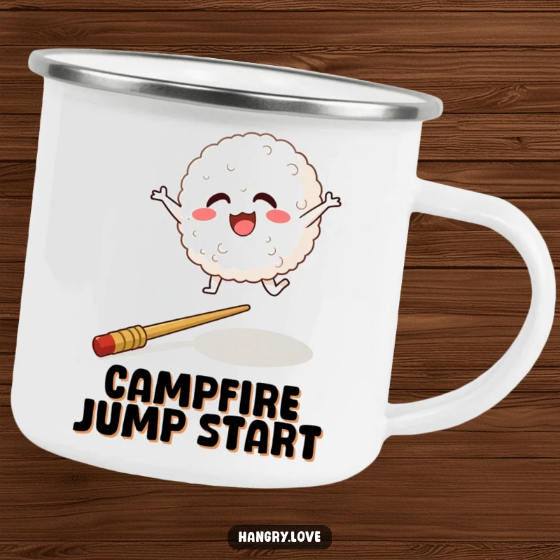 Funny camping mug showing a cheerful rice ball character leaping over a chopstick, portable and tough.