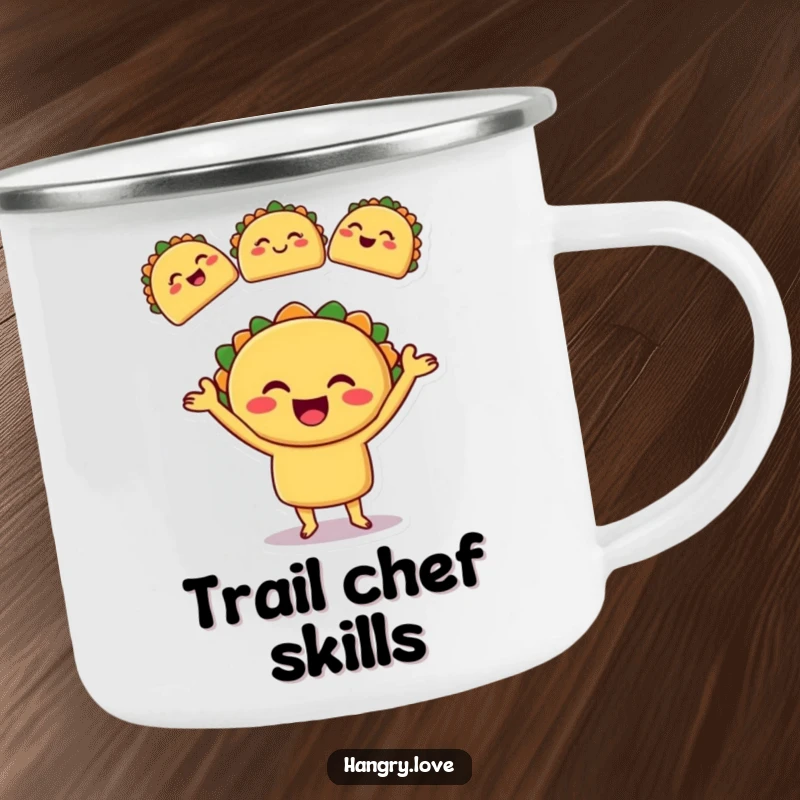 Funny camping mug showing a smiling taco juggling three tiny, winking tacos, durable and portable.