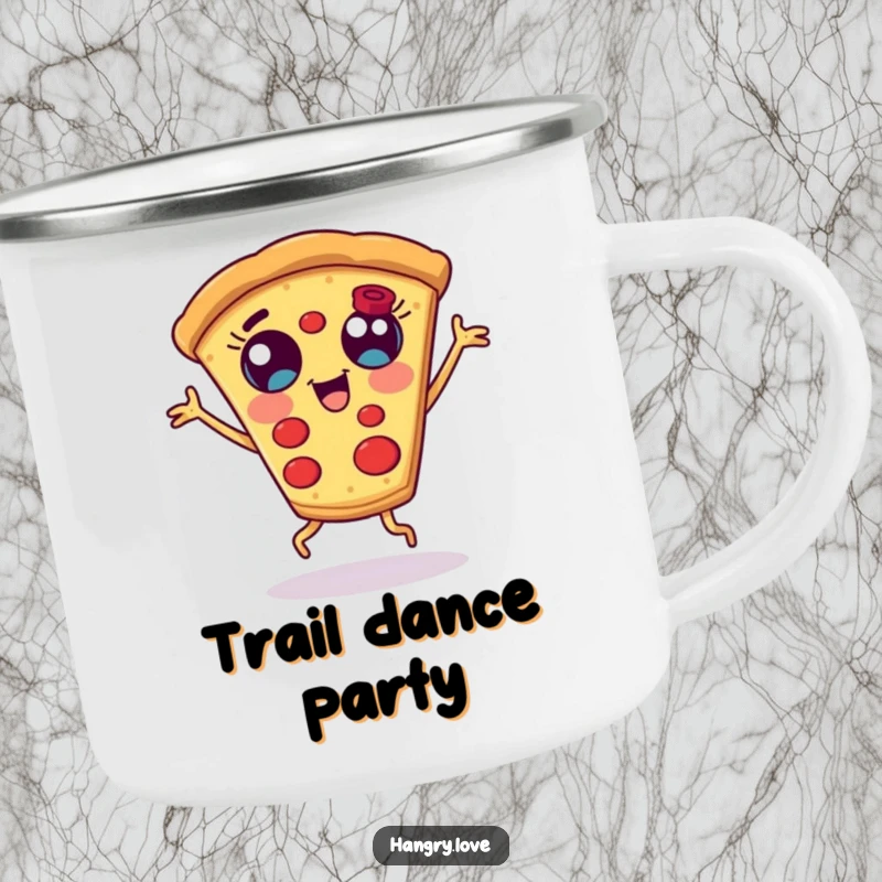 Funny pizza slice camping mug, with wide eyes and short legs, dancing, perfect for enjoying beverages outdoors.
