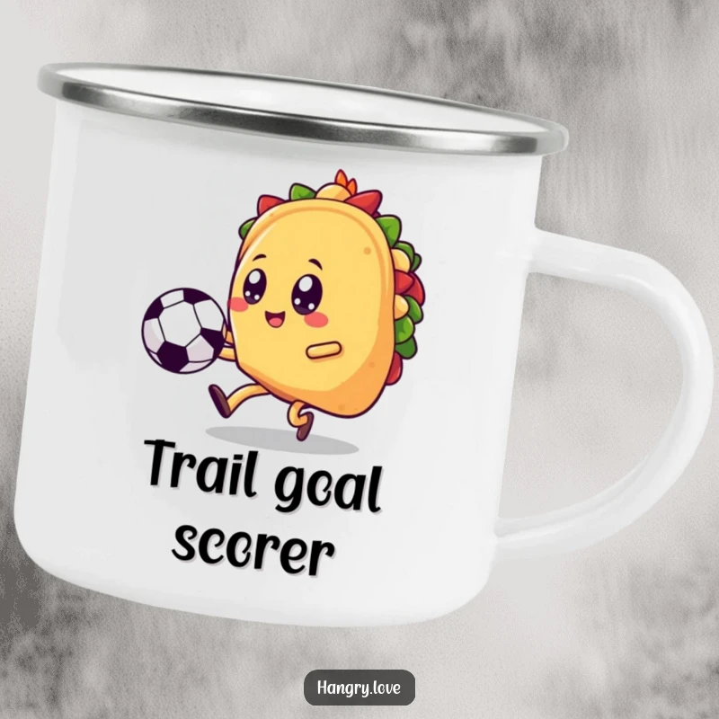 Funny taco camping mug, kawaii soccer player kicking a ball, ideal for enjoying beverages outdoors with a comedic twist.
