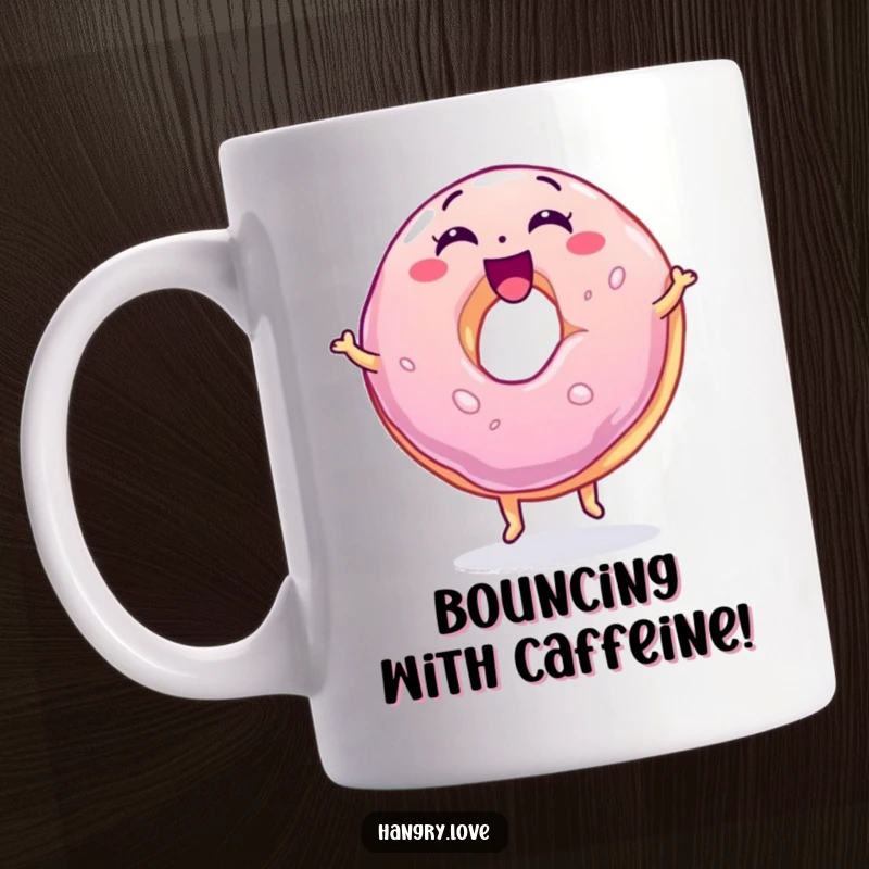 Funny jelly donut mug, wobbly and excited, bouncing joyfully on its base, a humorous and sweet delightful design.