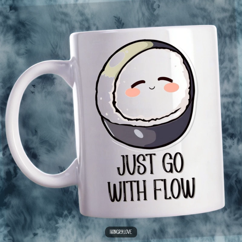 Funny mug featuring a round sushi character peacefully rolling downhill with closed, content eyes, embodying tranquility.