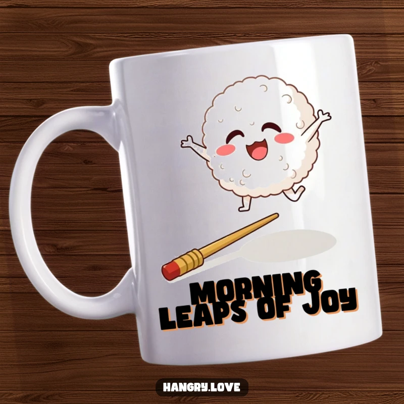 Funny mug depicting a cheerful rice ball character joyfully leaping over a fallen chopstick, celebrating small victories.