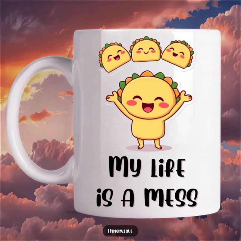 Funny mug featuring a smiling taco character expertly juggling three smaller, winking tacos, showcasing culinary chaos and fun.