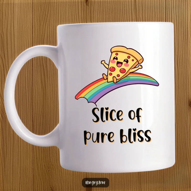 Funny mug depicting a delighted pizza slice character sliding down a rainbow bridge, full of joy and wonder.