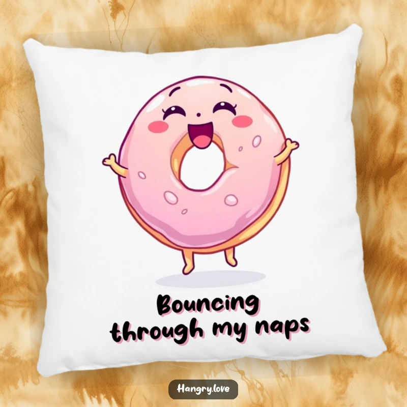 Funny jelly donut pillow, wobbly and excited, bouncing on its base, offering soft comfort and sugary cheer.