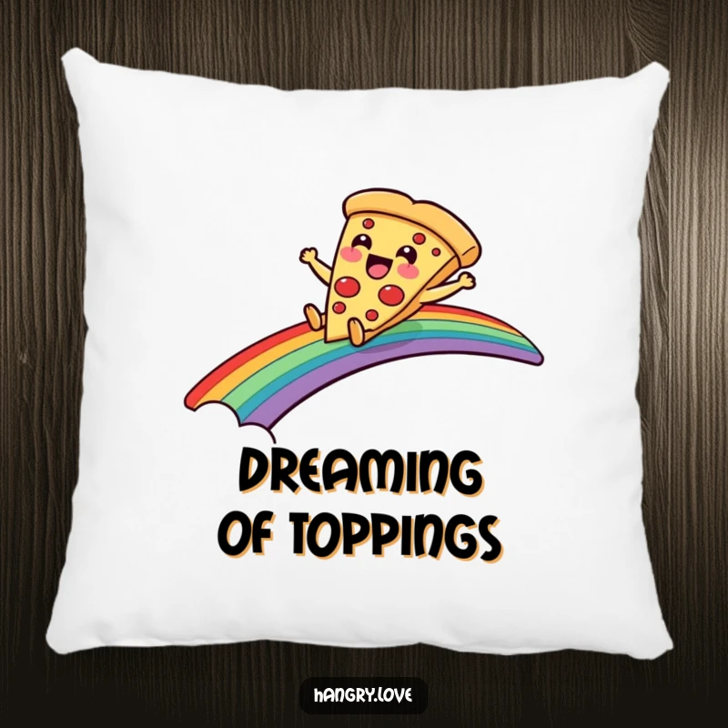 Funny pillow featuring a delighted pizza slice character sliding down a rainbow bridge, decorative and huggable.