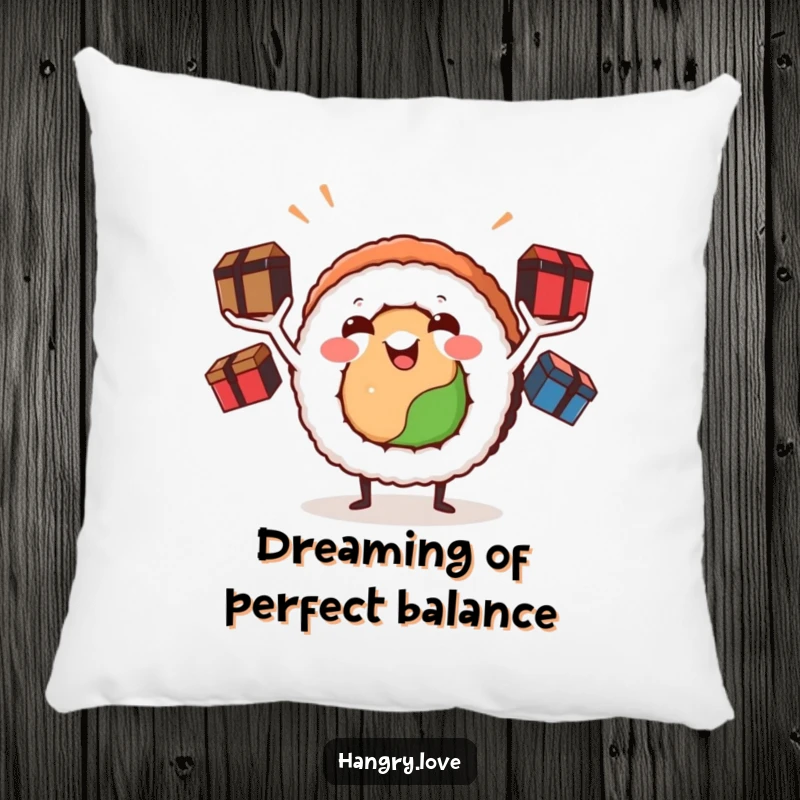 Funny sushi roll pillow, arms actively juggling bento boxes, offering plush comfort and a burst of humorous, edible charm.