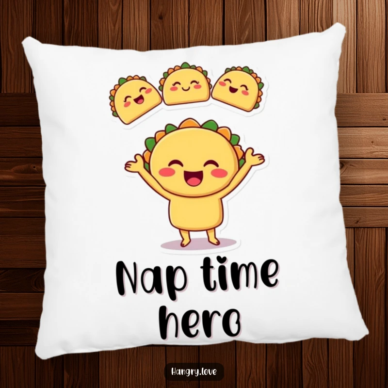 Funny pillow featuring a smiling taco character juggling three tiny, winking tacos, decorative and cuddly.