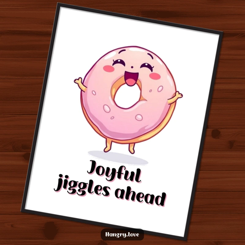 Funny jelly donut digital art print, wobbly and excited, bouncing on its base, a downloadable piece of humorous food art.