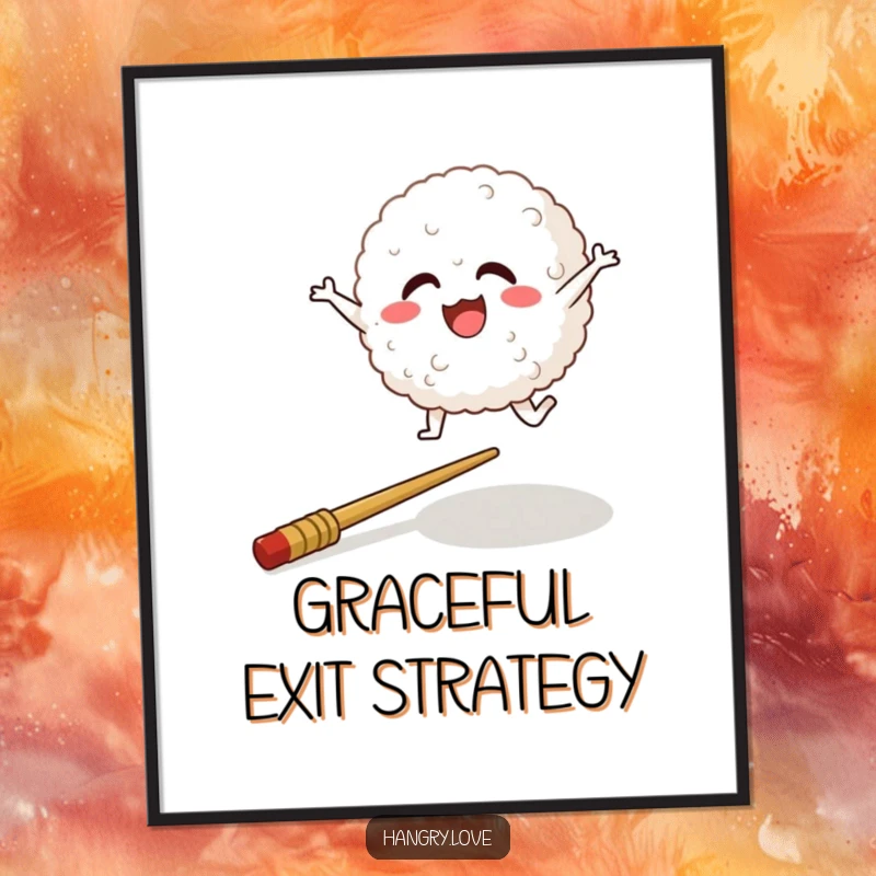 Funny digital art print of a cheerful rice ball character leaping over a chopstick, printable decor.