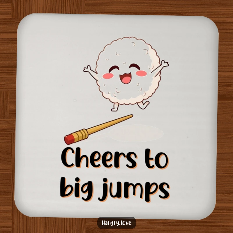 Funny drink coasters with a happy rice ball character leaping over a chopstick, protecting furniture.