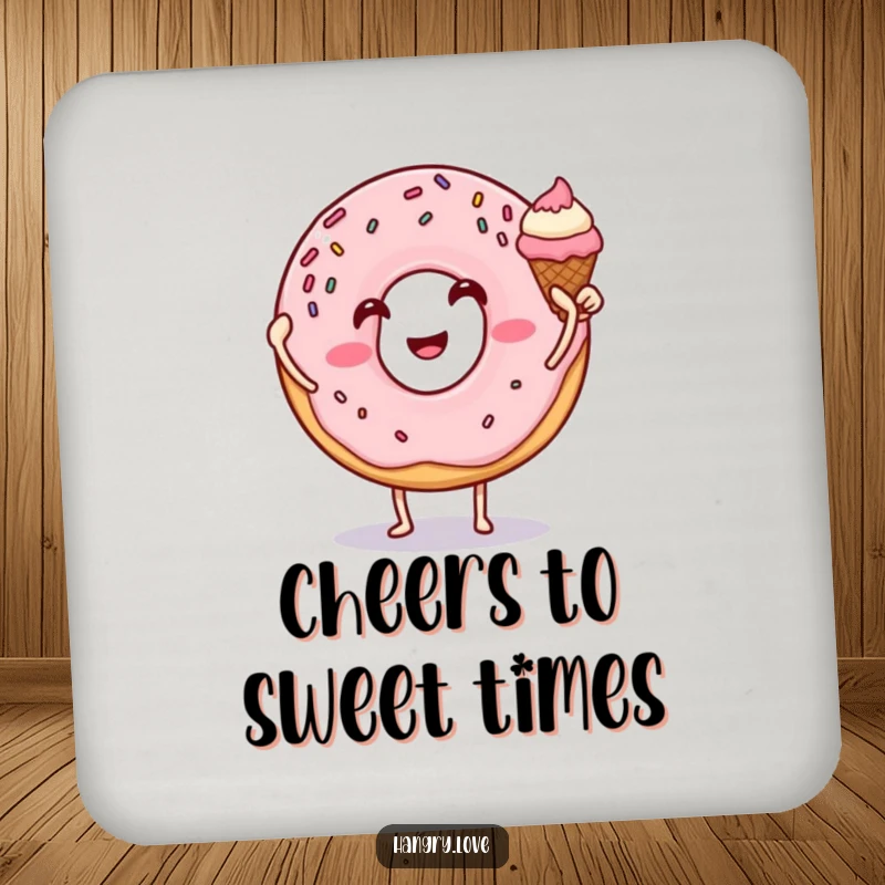 Funny donut coaster high-fiving an ice cream cone, sprinkles and arms, a humorous and practical accessory.