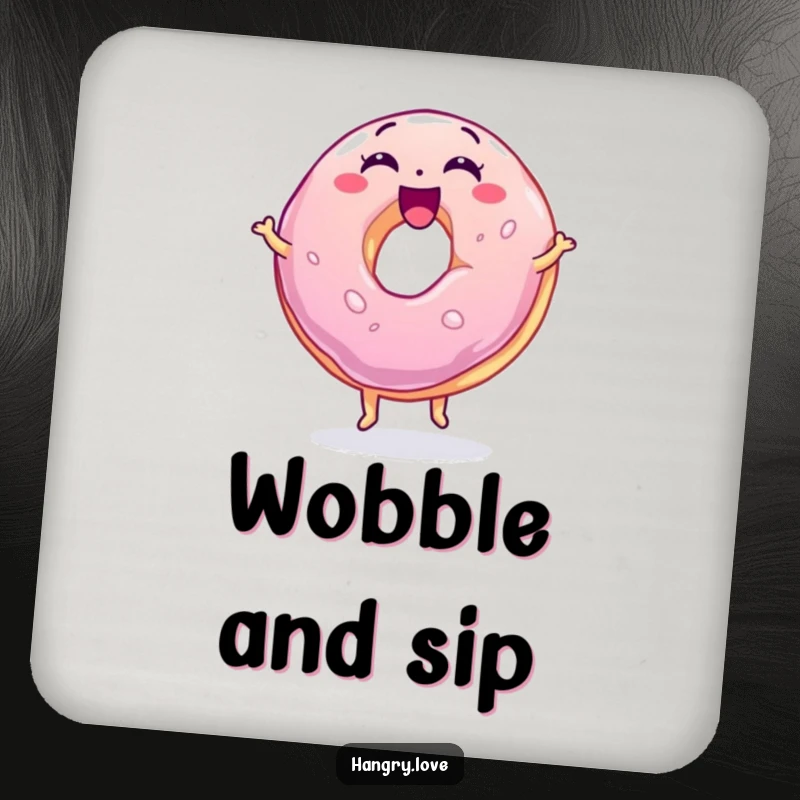 Funny jelly donut coaster, wobbly and excited, bouncing on its base, a humorous and practical accessory.