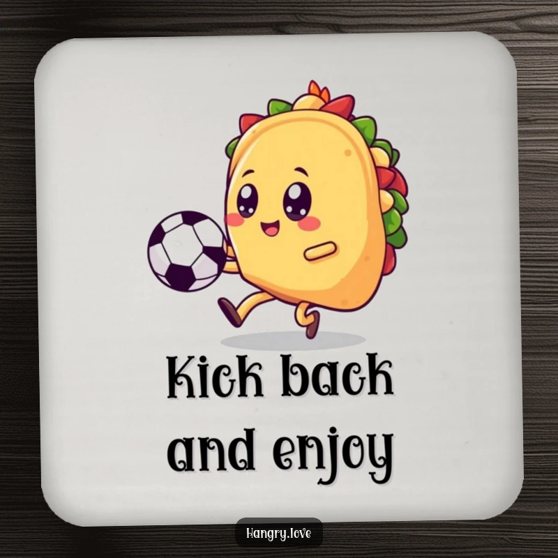 Funny taco coaster, kawaii soccer player kicking a ball, a humorous and protective accessory for any tabletop.