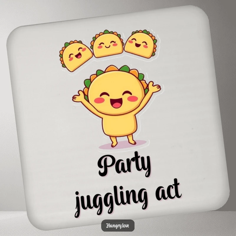 Funny drink coasters featuring a smiling taco character juggling three little, winking tacos, protecting furniture.