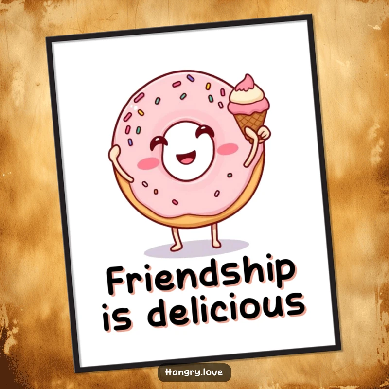 Funny donut poster high-fiving an ice cream cone, sprinkles and arms, capturing a moment of pure, edible happiness.