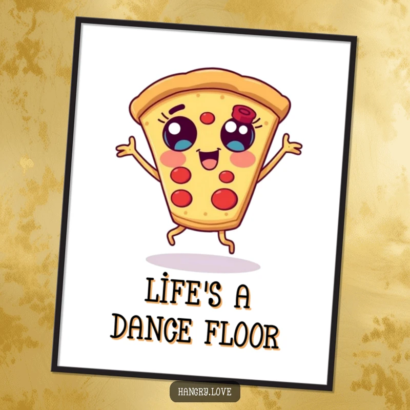 Funny pizza slice poster, with wide eyes and stubby legs, caught in a silly dance, a piece of delicious comedy art.