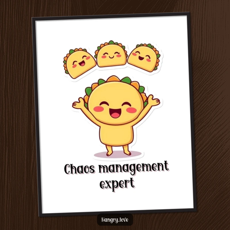 Funny poster showcasing a smiling taco character masterfully juggling three miniature, winking tacos, vibrant wall decor.