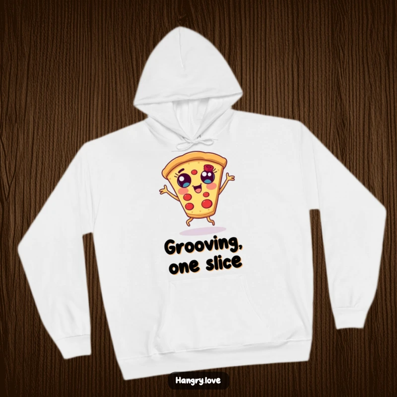 Funny pizza slice hoodie, with wide eyes and stubby legs, dancing joyfully, offering warmth and cheesy humor.