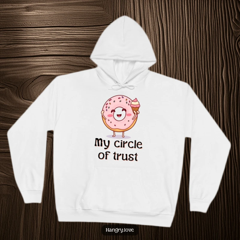Funny donut hoodie, high-fiving an ice cream cone, with sprinkles and arms, offering warmth and comical dessert friendship.
