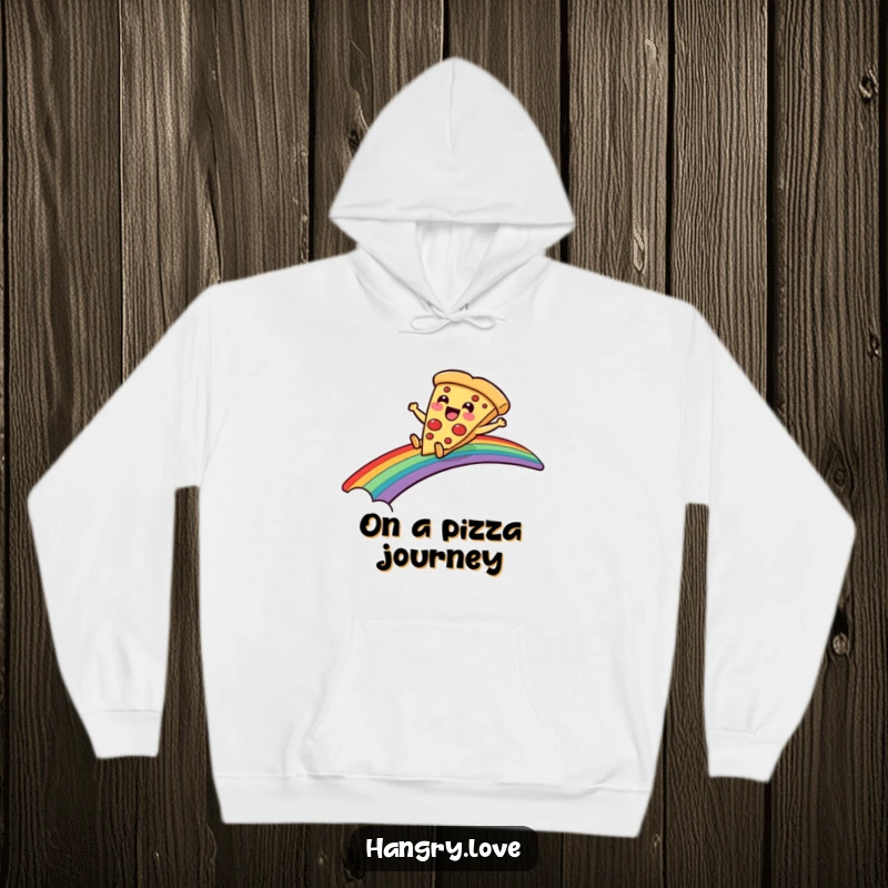 Funny hoodie with a delighted pizza slice character sliding down a rainbow bridge, cozy and warm.