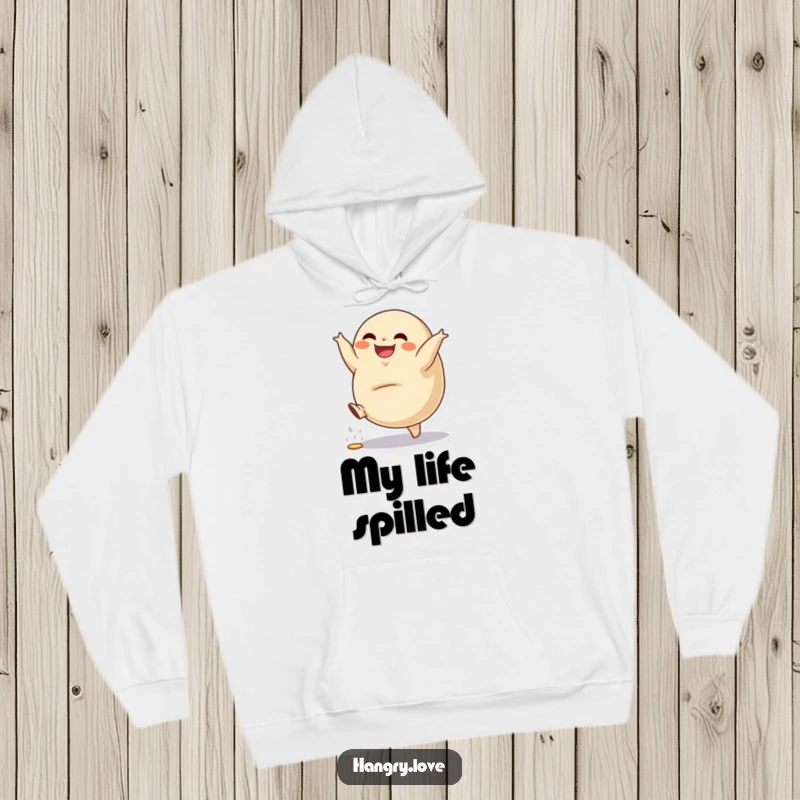 Funny hoodie with a grinning dumpling character doing a cartwheel, filling spilling slightly, cozy and warm.