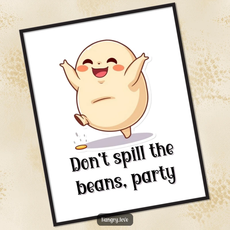 Funny Free Printable Dumpling Wall Art: A grinning dumpling character performing a cartwheel, filling spilling slightly. Playful downloadable art.