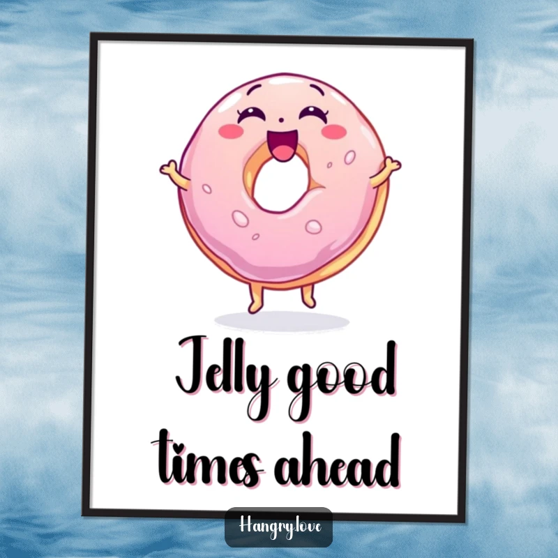 Funny Free Printable Wall Art of a joyous, wobbly jelly donut with an excited expression, bouncing.