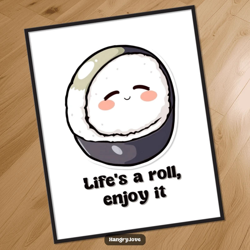 Funny Free Printable Sushi Wall Art: A round sushi character rolling downhill with closed, content eyes. Relaxing downloadable art.