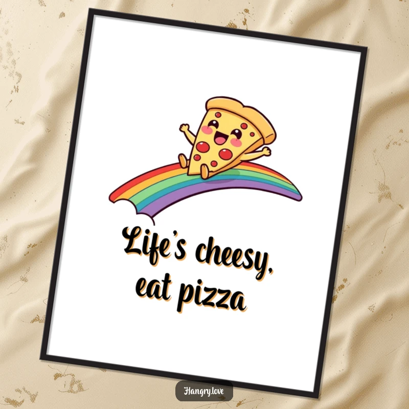 Funny Free Printable Pizza Slice Wall Art: A delighted pizza slice character sliding down a rainbow bridge. Colorful downloadable art.