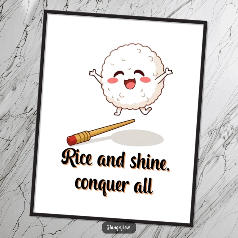 Funny Free Printable Rice Ball Wall Art: A cheerful rice ball character leaping over a fallen chopstick. Whimsical downloadable art.