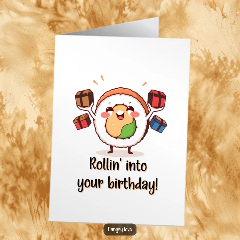 Funny Free Printable Birthday Card featuring a smiling sushi roll juggling colorful bento boxes with tiny arms.