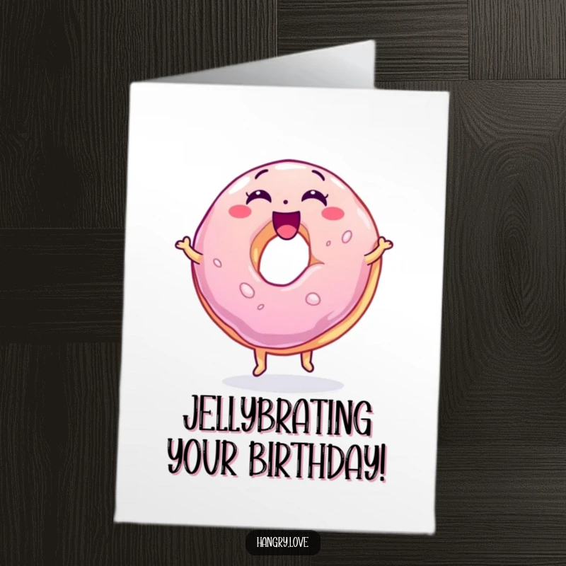 Funny Free Printable Birthday Card: A joyous, wobbly jelly donut bouncing excitedly.