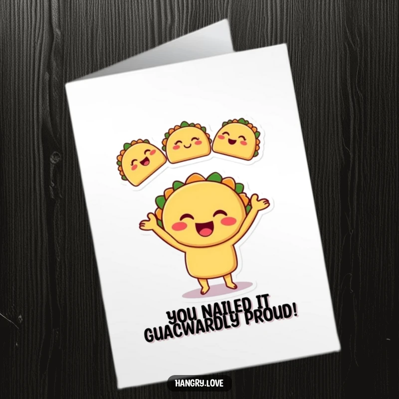 Funny Free Printable Taco Congratulations Card: A smiling taco juggles smaller tacos, celebrating a big win. Downloadable art.