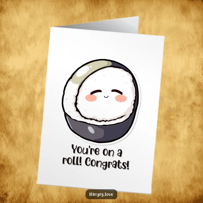 Funny Free Printable Sushi Congratulations Card: A happy sushi rolls downhill, signifying a successful journey. Downloadable art.