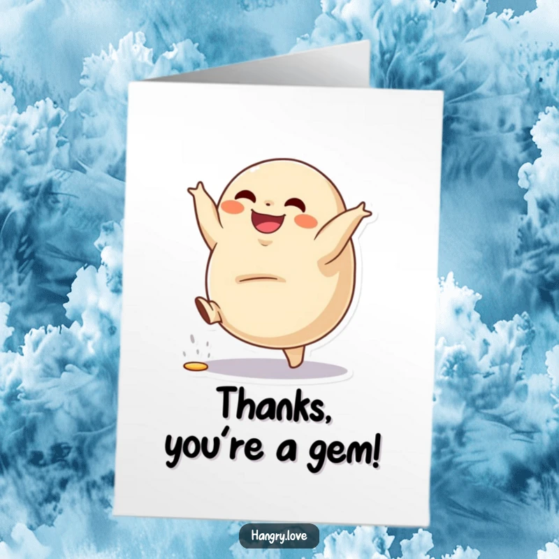 Funny Free Printable Dumpling Thank You Card: A grinning dumpling does a cartwheel, showing thanks. Hilarious downloadable art.