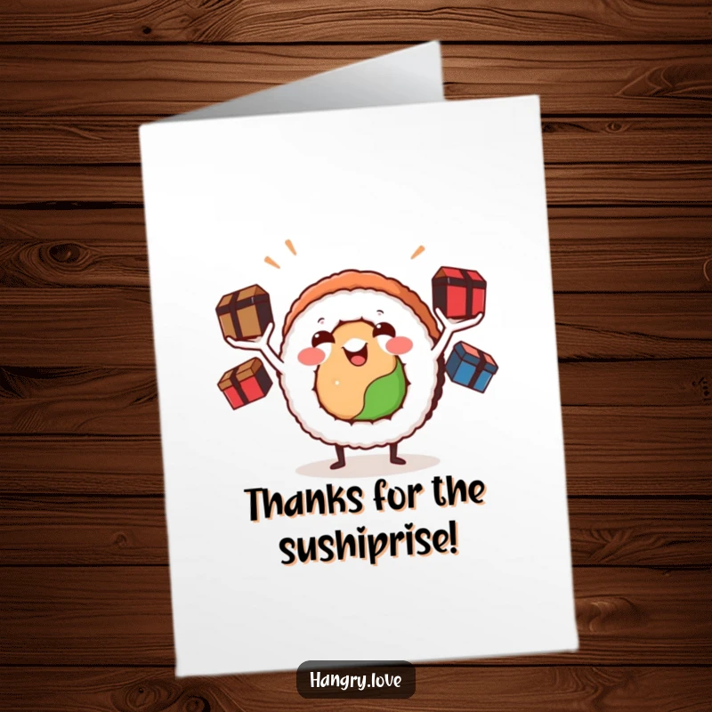Funny Free Printable Thank You Card with a cheerful sushi roll juggling bento boxes, expressing gratitude.