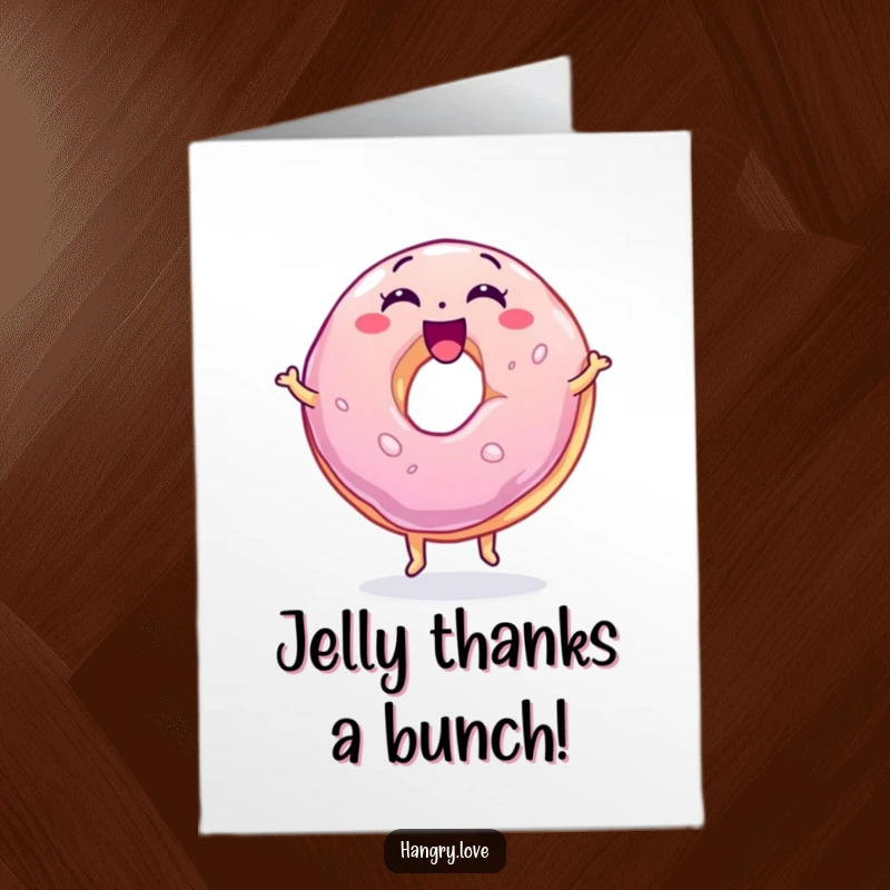 Funny Free Printable Thank You Card featuring a joyous jelly donut bouncing on its base.