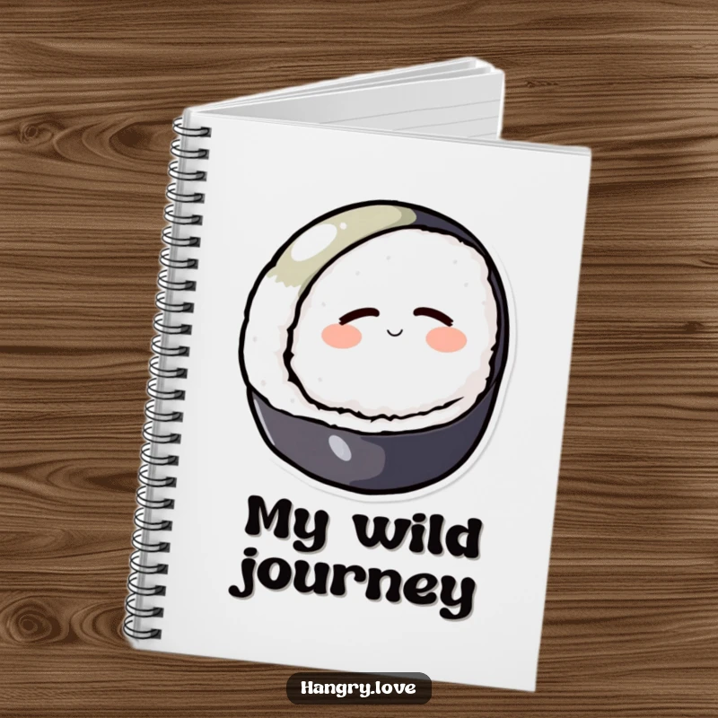 Funny notebook with a round sushi character rolling downhill with closed eyes, for writing and planning.