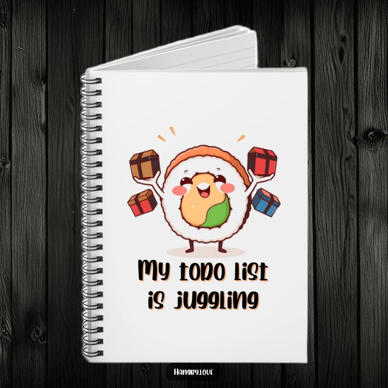 Funny sushi roll notebook, arms juggling bento boxes, inspiring creative writing and note-taking with a playful food theme.