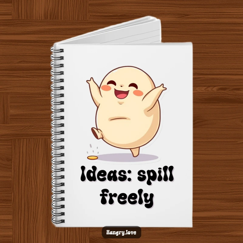 Funny notebook with a grinning dumpling character doing a cartwheel, filling spilling, for notes and sketches.