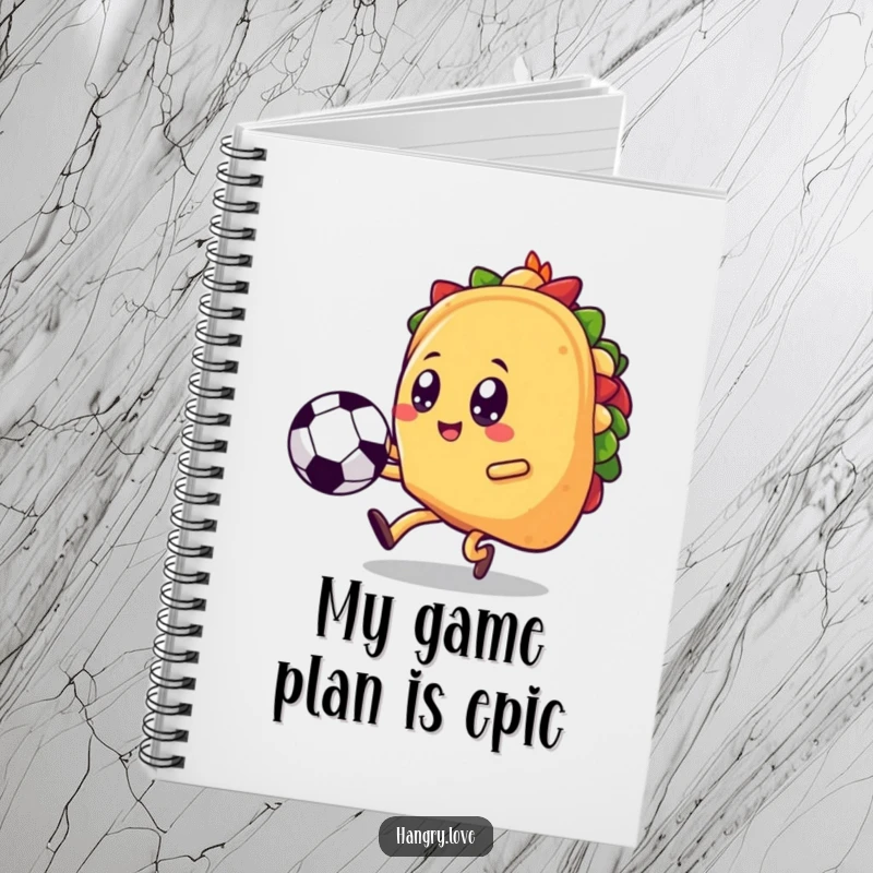Funny taco notebook, kawaii soccer player kicking a ball, perfect for jotting down ideas with a sporty, food-themed flair.