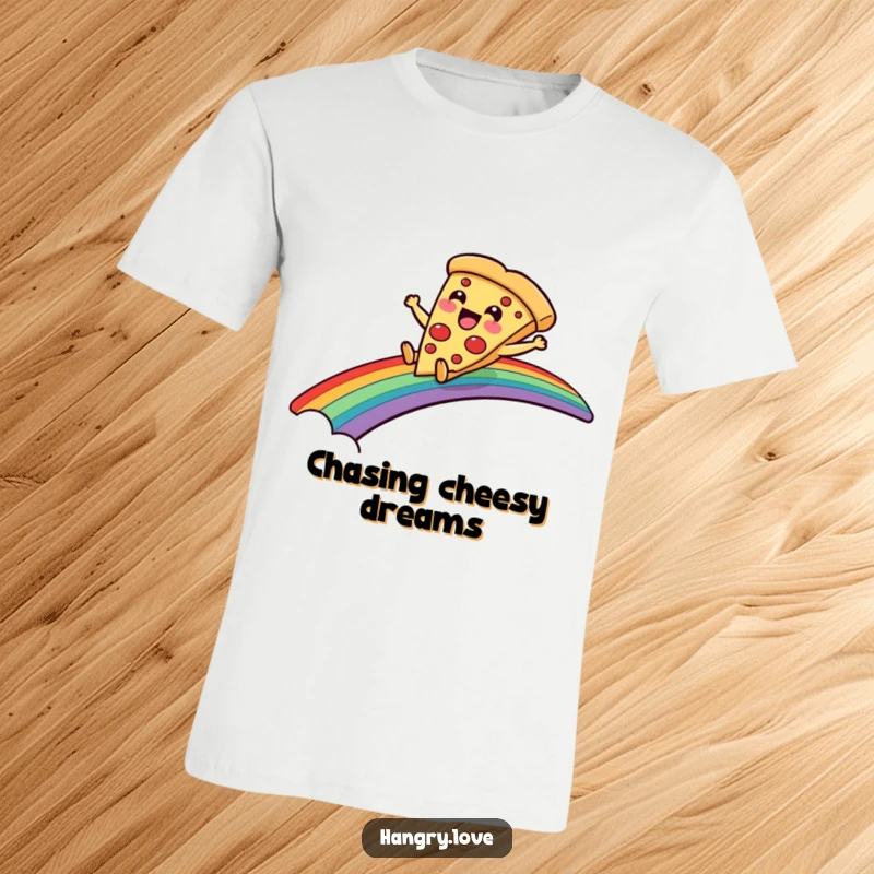 Funny t-shirt featuring a delighted pizza slice character happily sliding down a rainbow bridge, celebrating fun.